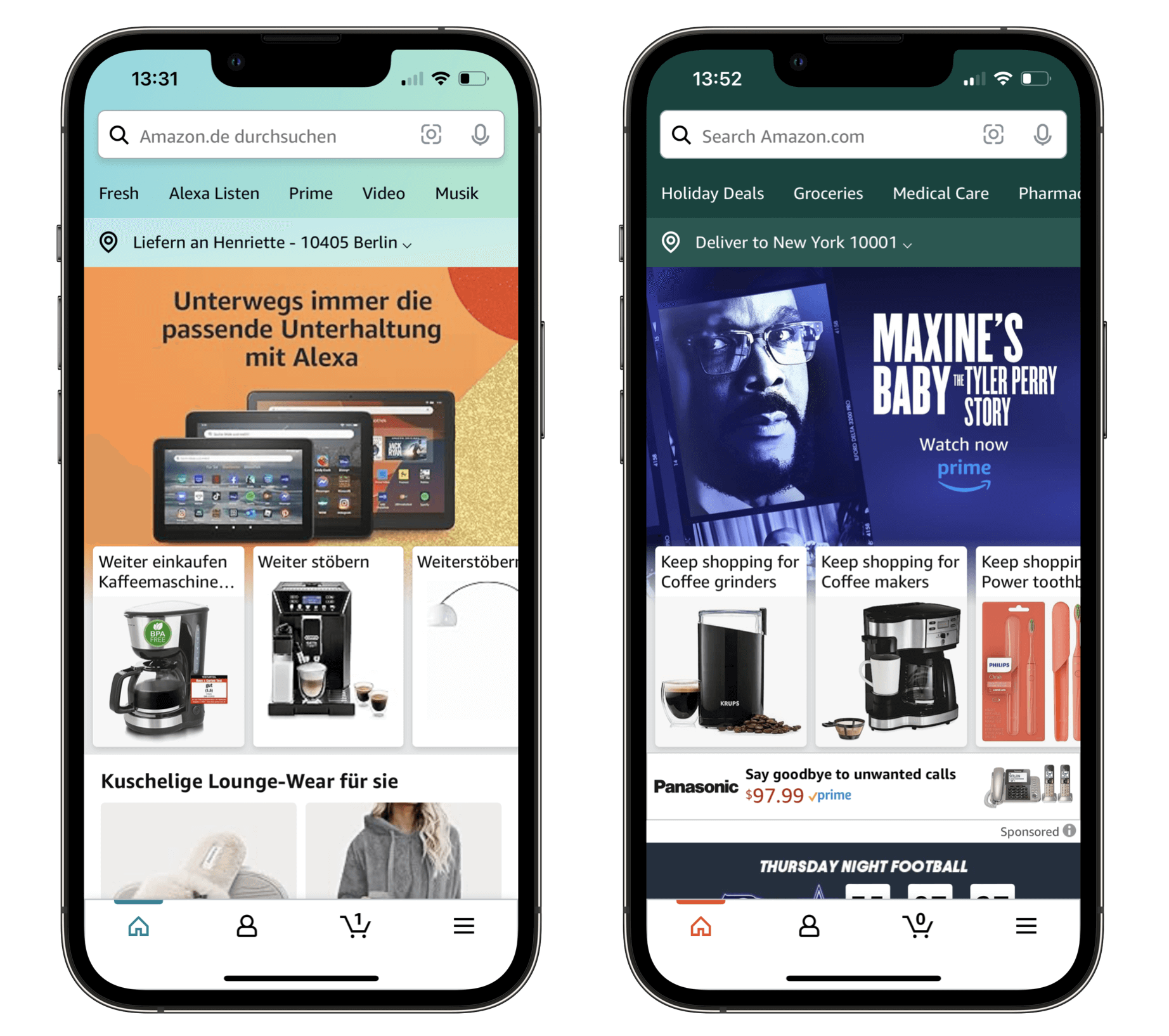 Navigation in der deutschen Amazon-App (links) und in der amerikanischen Amazon-App (rechts)
