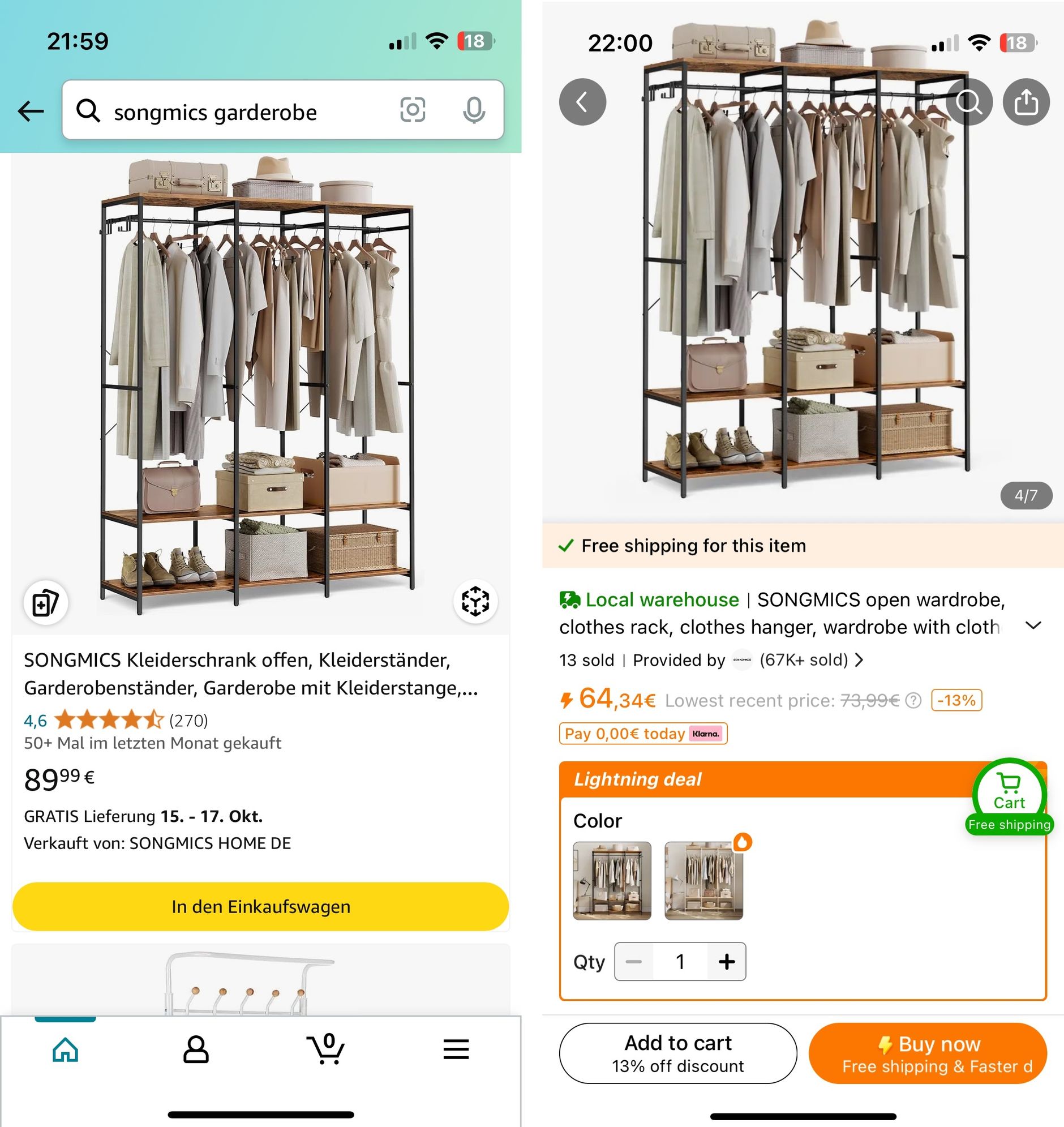Beispiel 1: SONGMICS Kleiderschrank auf Amazon und Temu