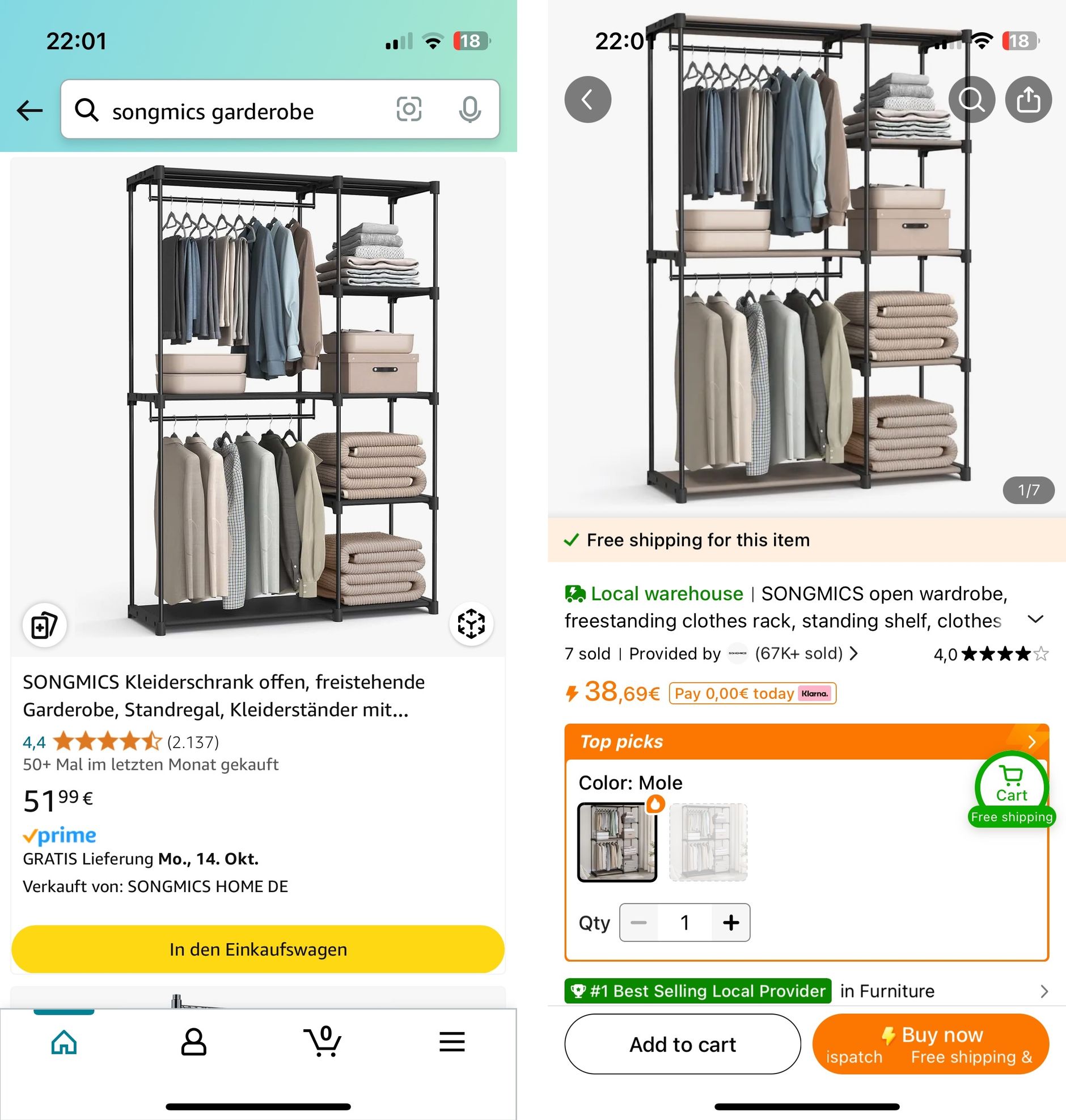 Beispiel 2: SONGMICS Kleiderschrank auf Amazon und Temu
