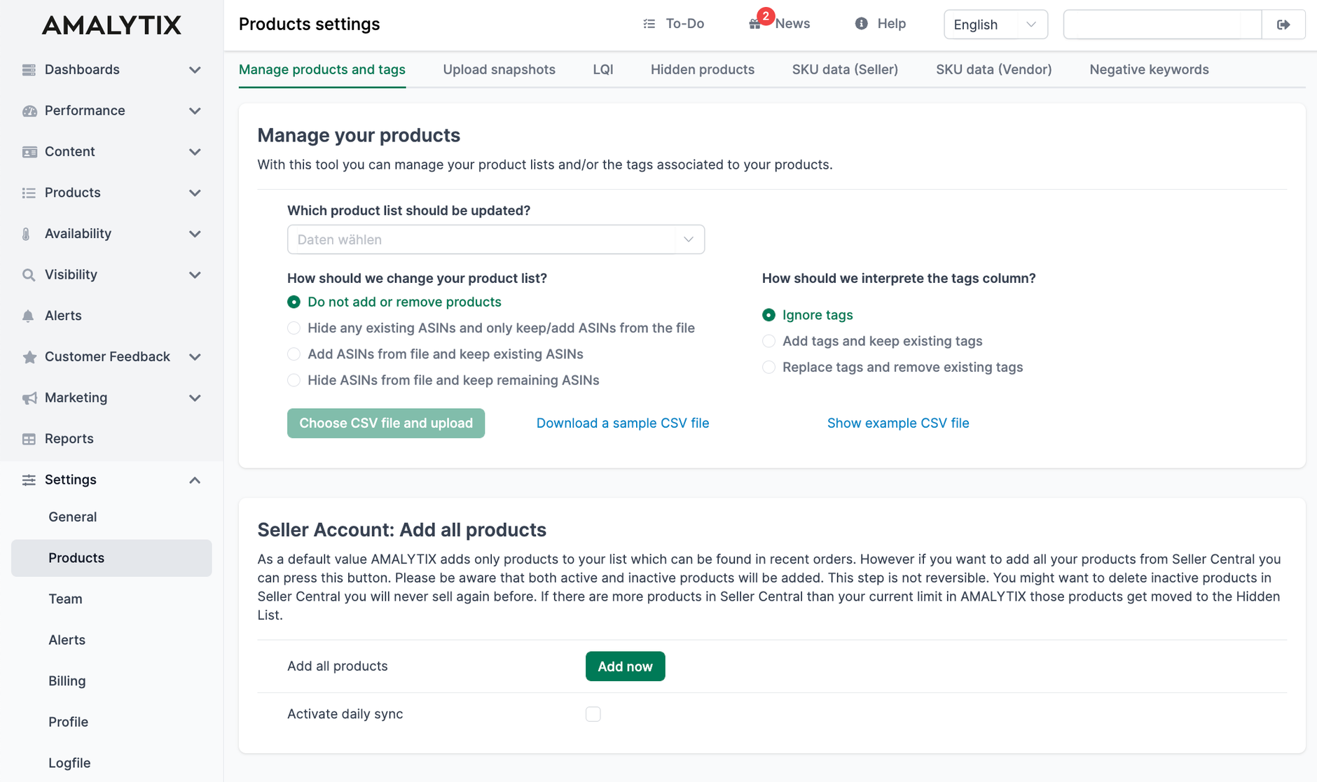 Management of products and tags in AMALYTIX