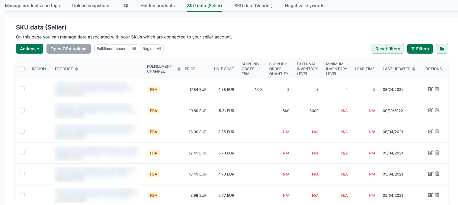 Seller SKU data overview in AMALYTIX