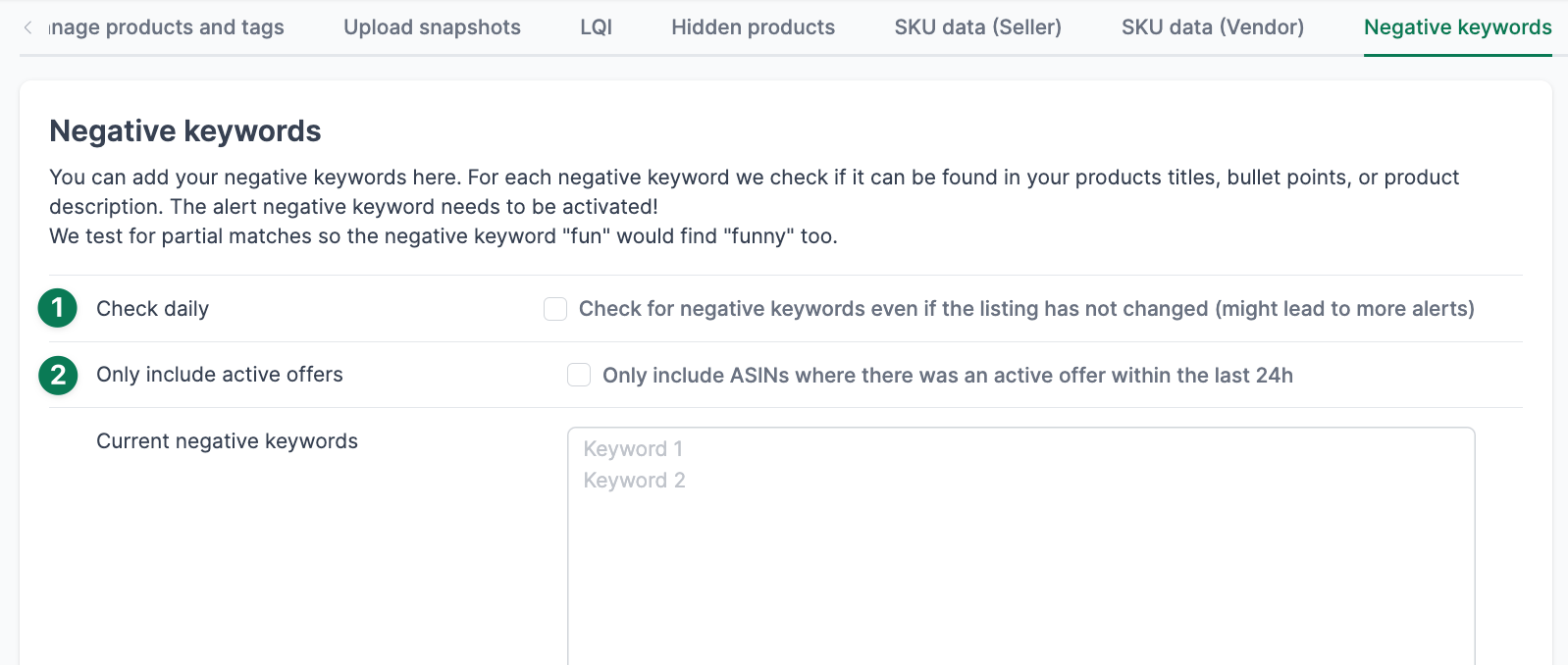 Add negative keywords in AMALYTIX