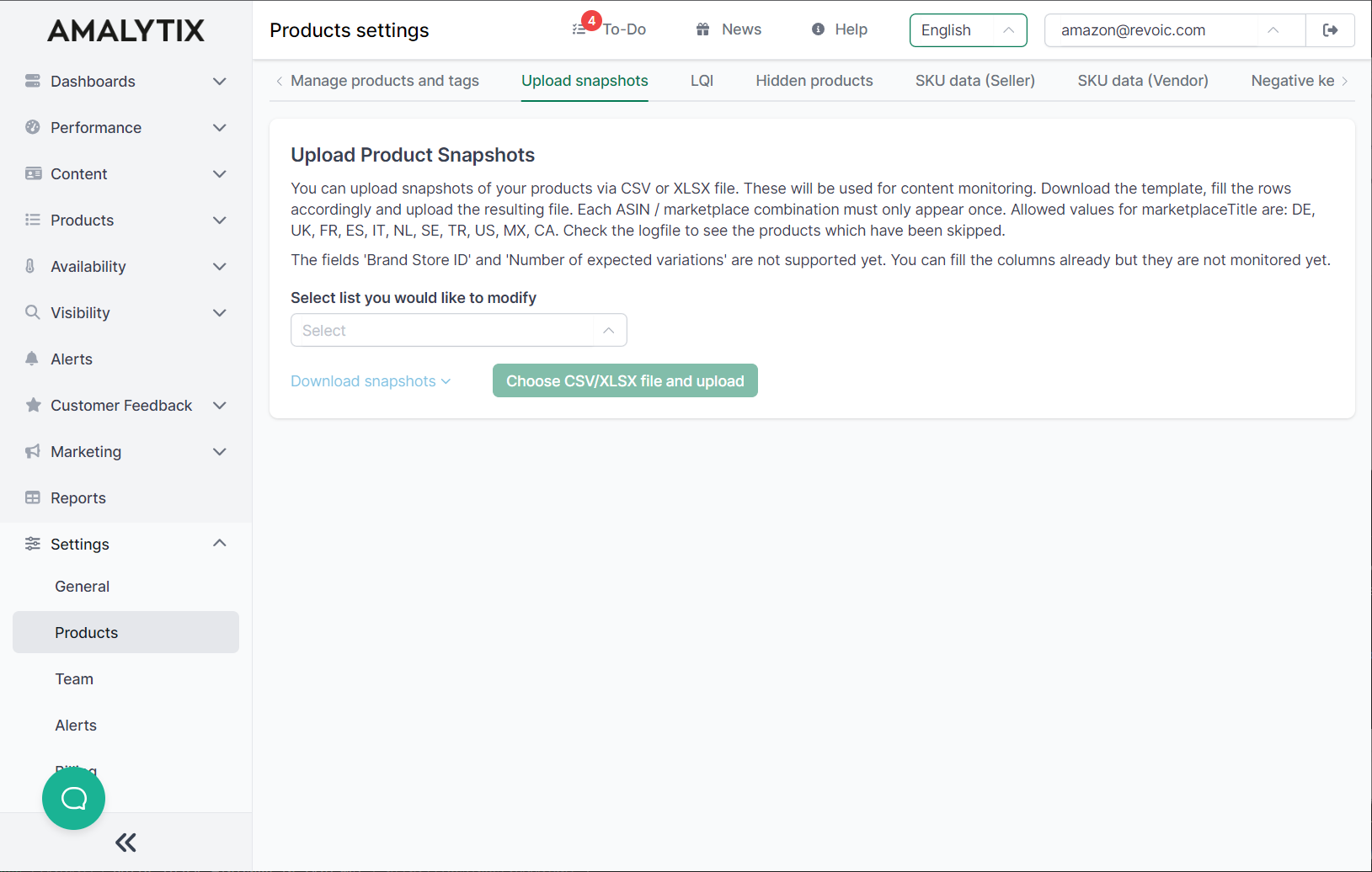 Upload product snapshots as CSV file in AMALYTIX 