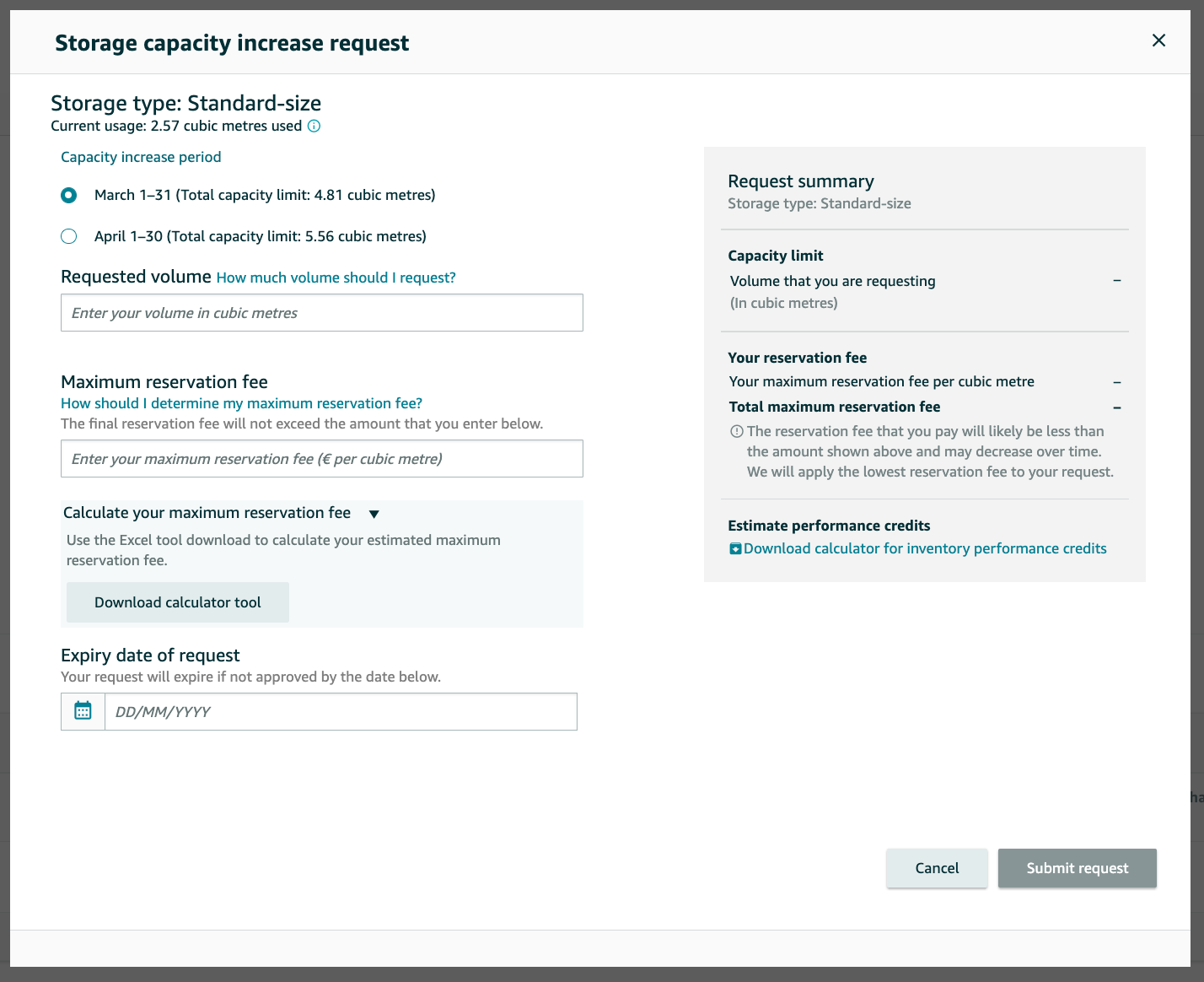 Storage capacity increase request