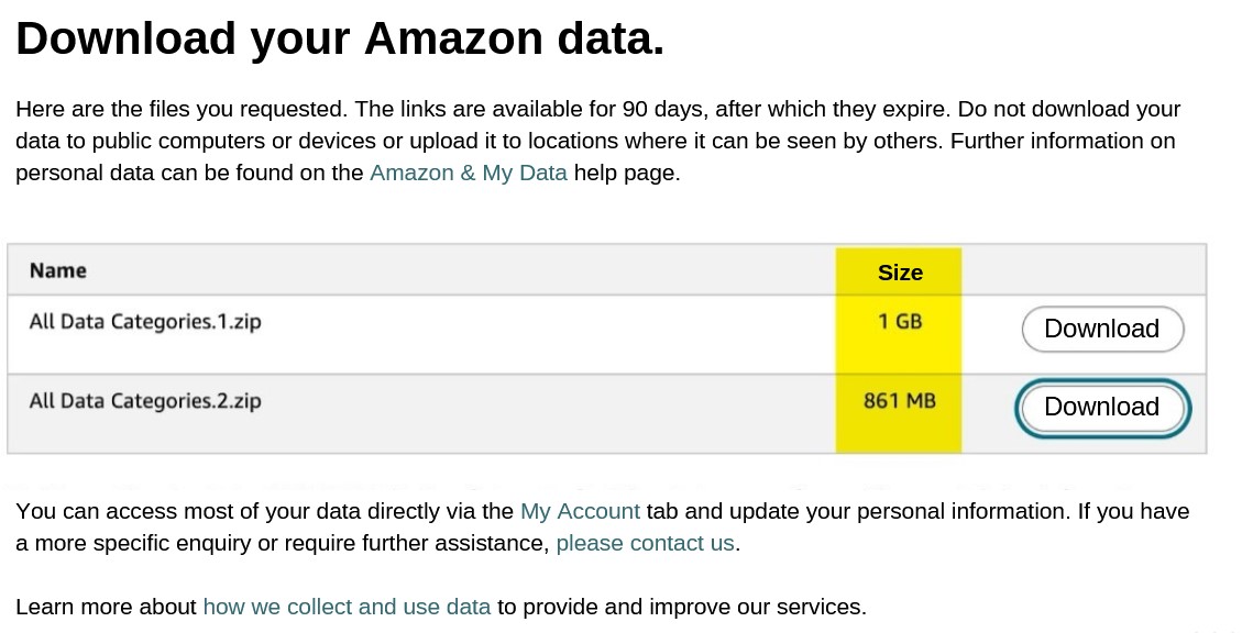 Amazon Data File Size showing large download package with personal data