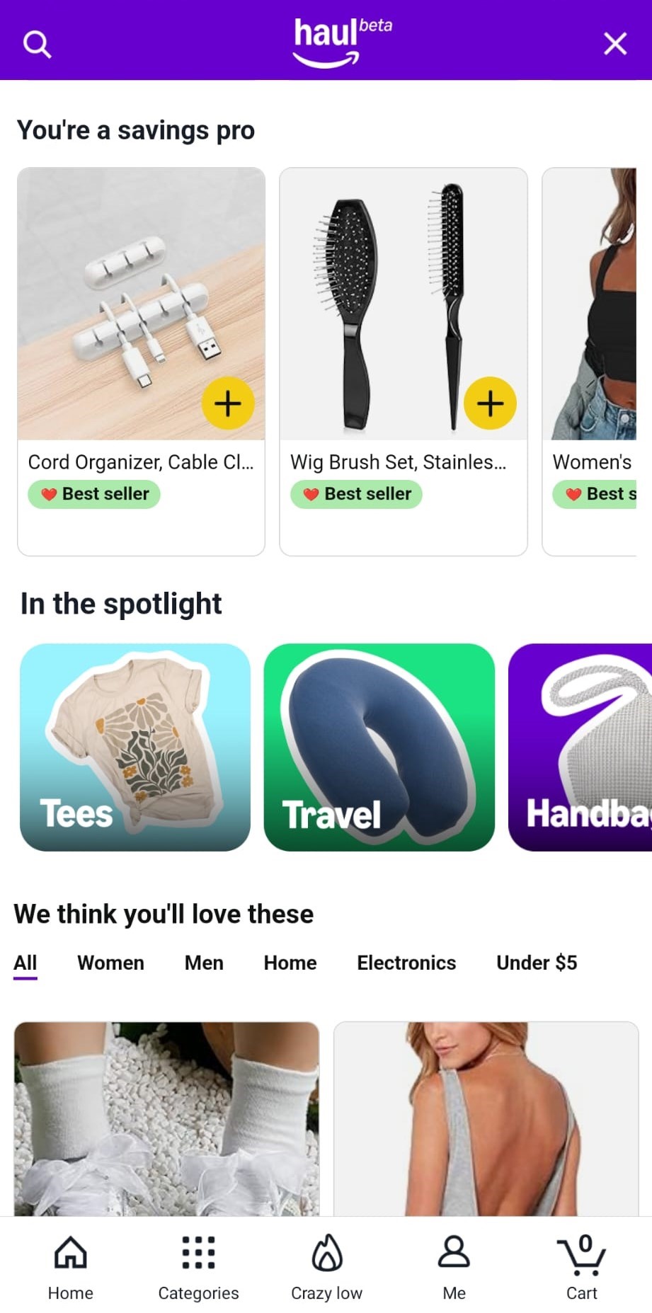 Amazon Haul App Produktübersicht mit Under 5 Dollar Bereich und Kategorien