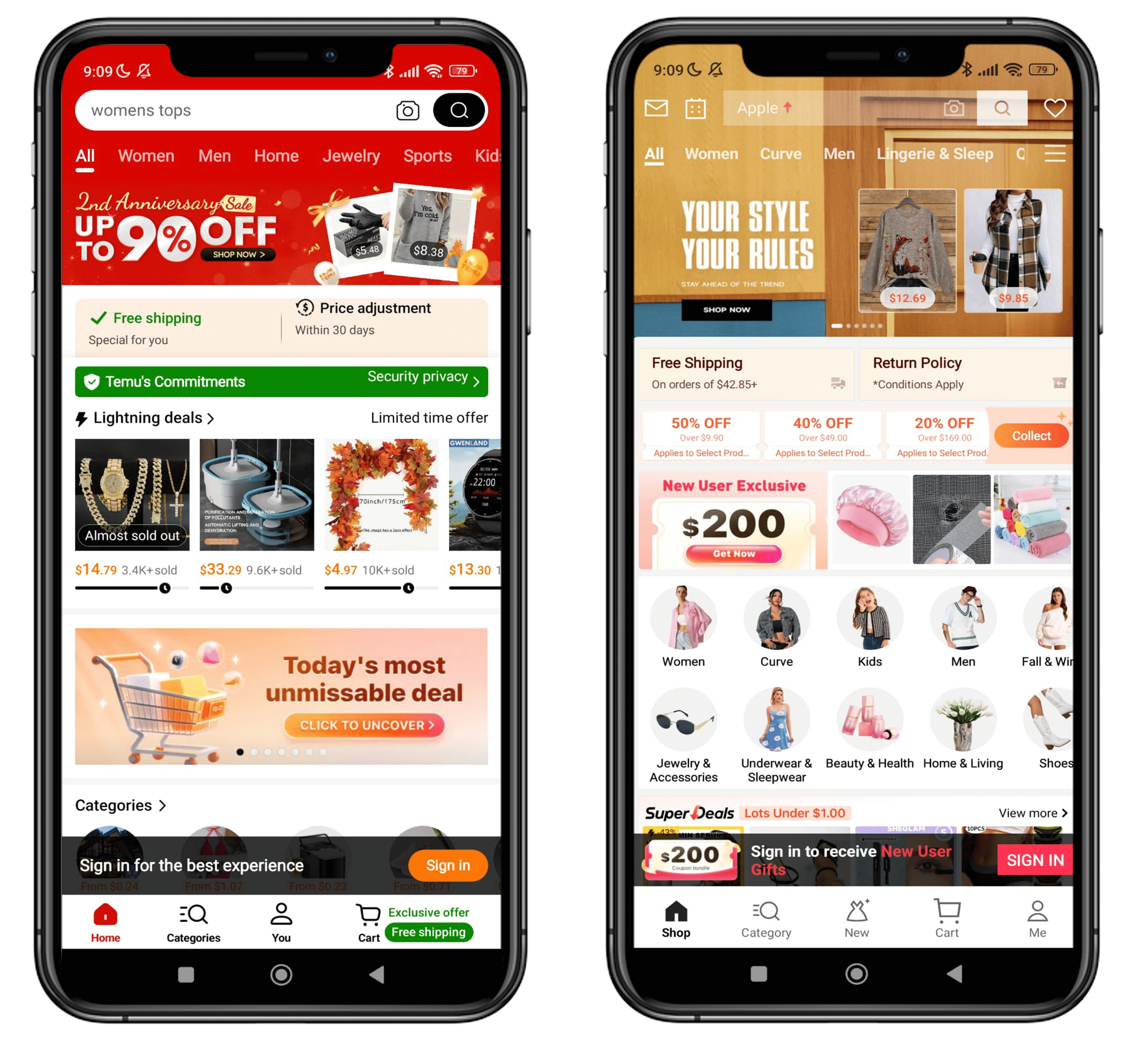 Temu and Shein mobile app interfaces showing gamified shopping features and promotions