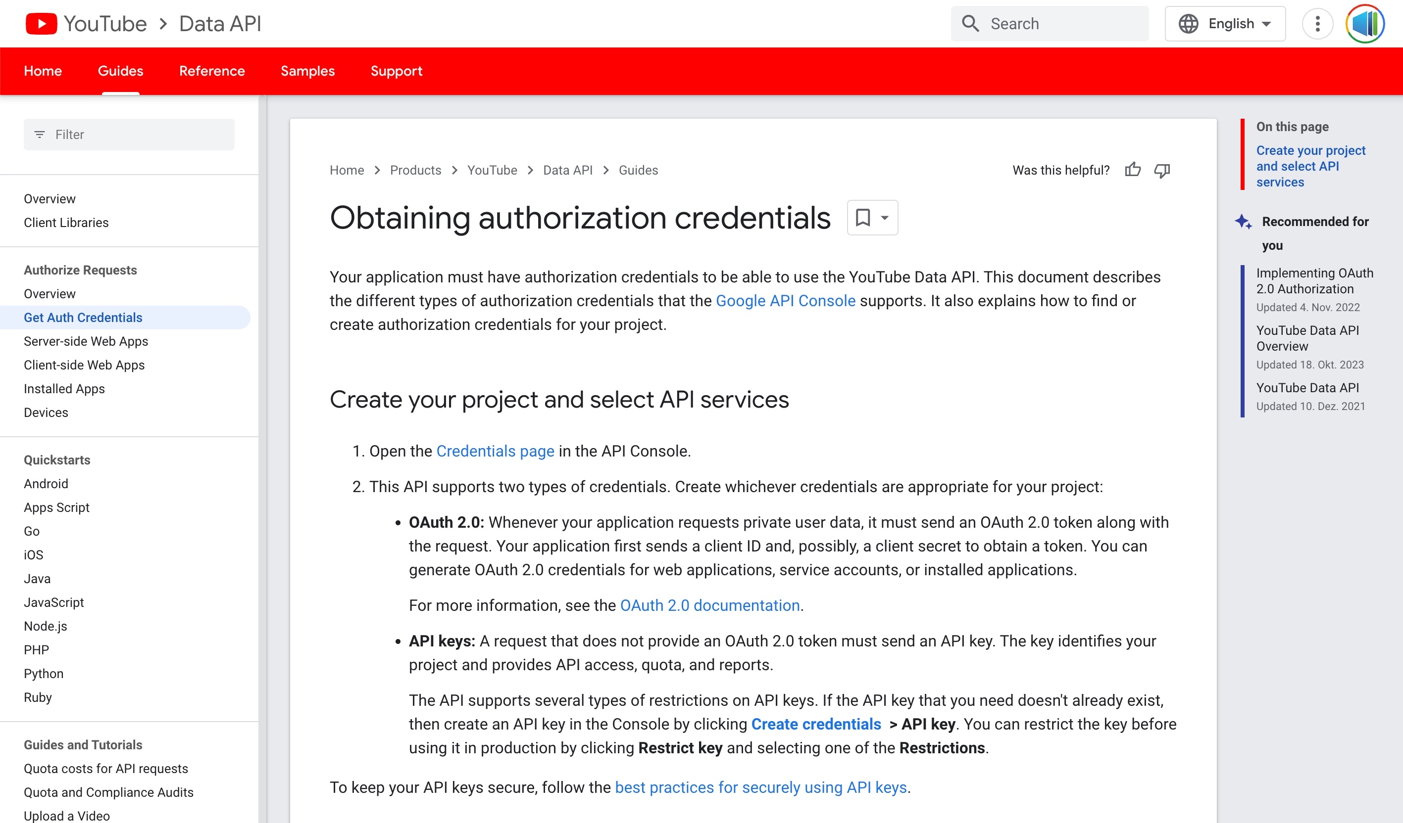 YouTube API developer console showing API key generation