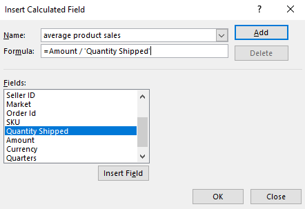 Excel calculated field formula for Amazon average product sales analysis