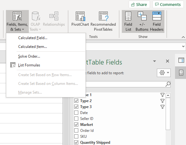 Excel pivot table menu for creating calculated fields for Amazon data analysis