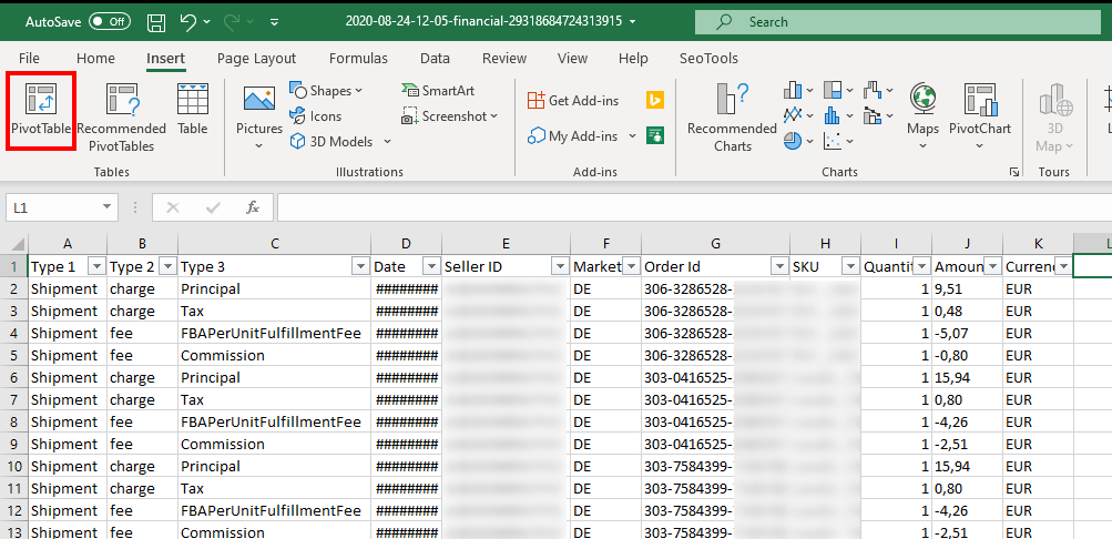 Creating pivot tables in Excel for Amazon data analysis and reporting