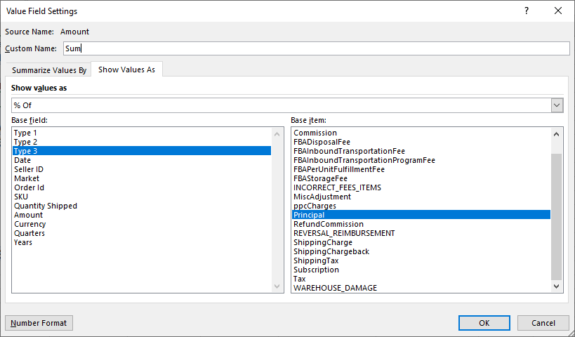 Excel pivot table value field settings for Amazon cost percentage calculations