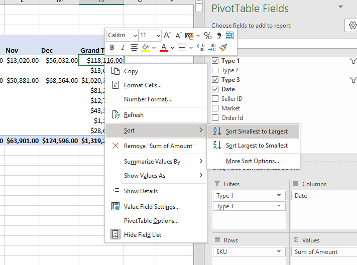 Excel pivot table sorting Amazon SKUs by total sales in descending order