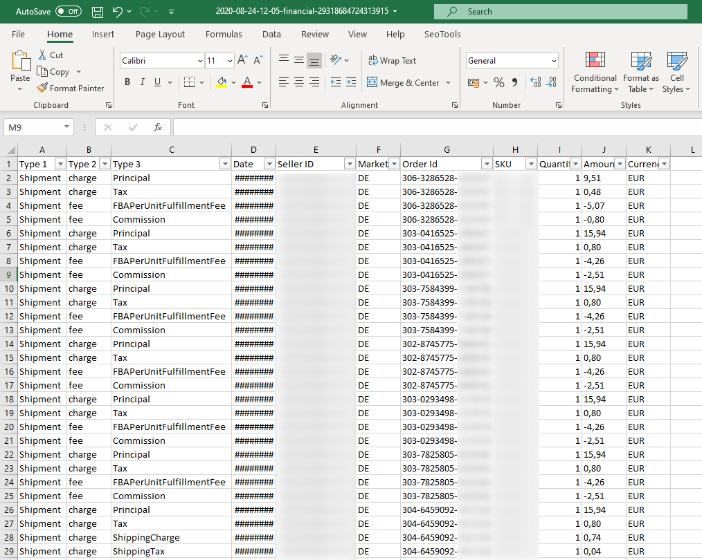 Amazon transaction data imported into Excel showing financial events and categories