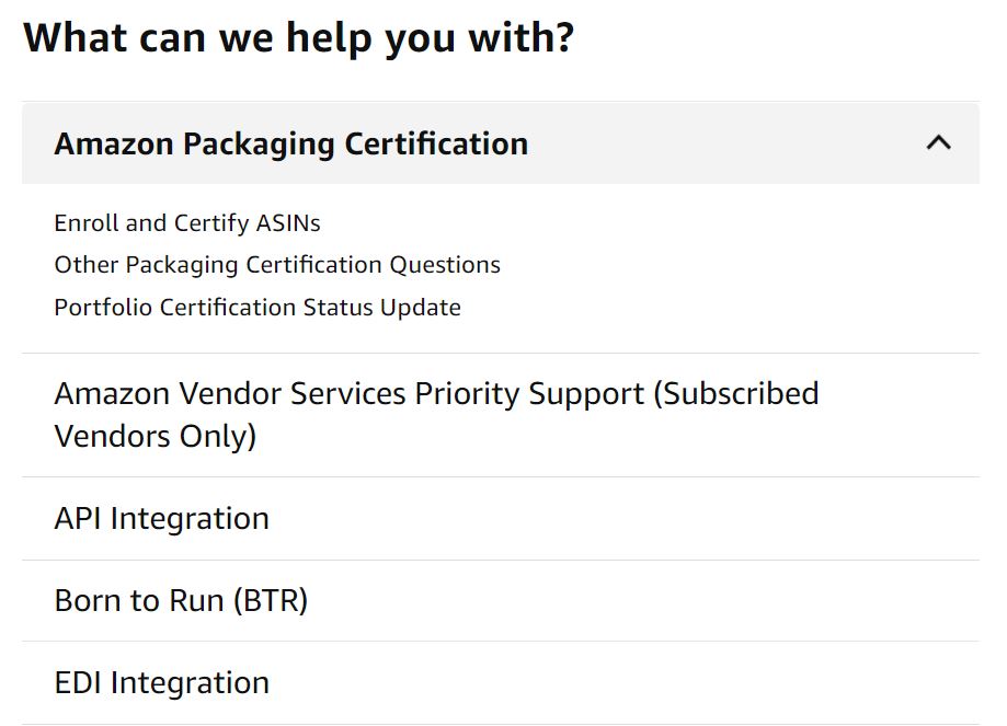 Amazon Vendor Central support page showing packaging certification contact options