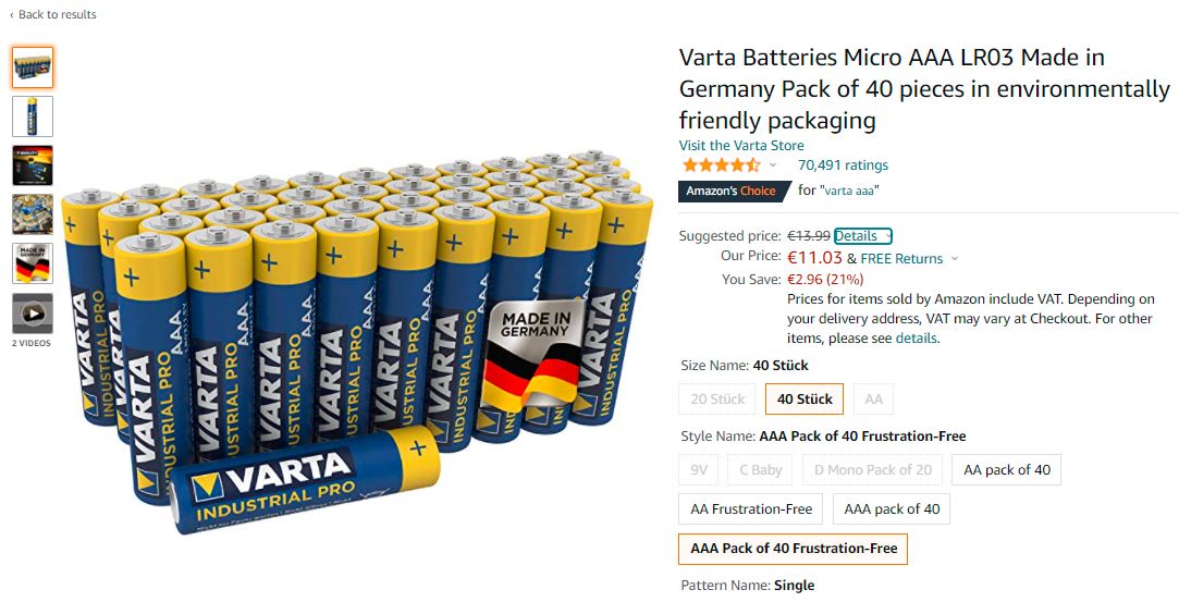 Amazon product page showing Frustration-Free Packaging option selection