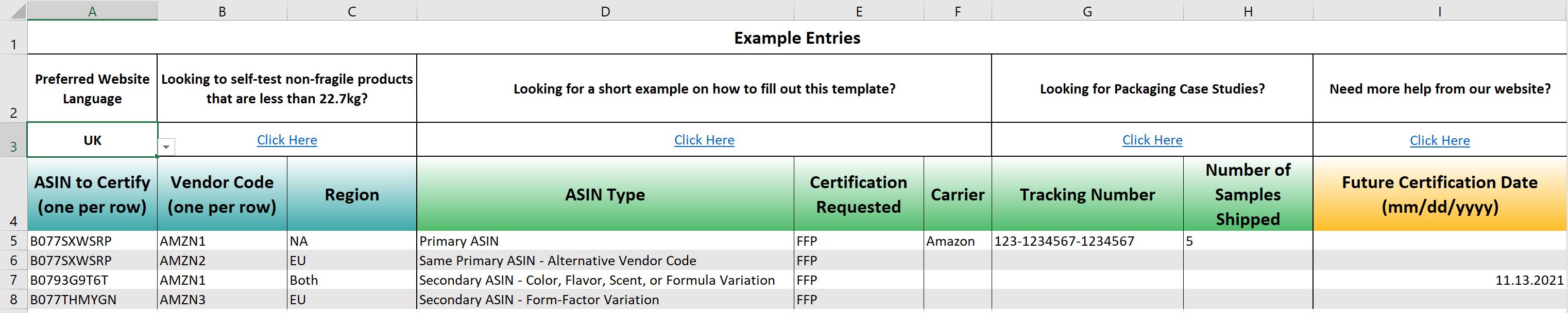 Amazon Vendor enrollment template for packaging certification showing required fields and columns