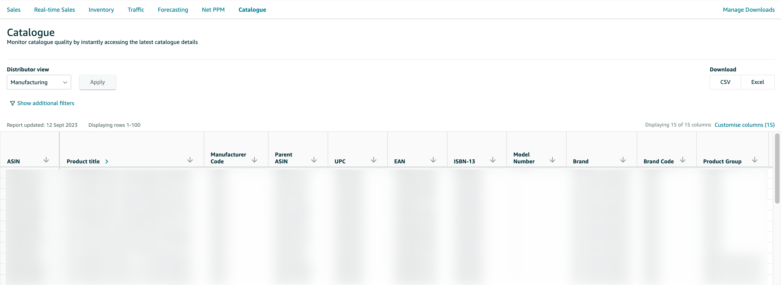 Amazon Retail Analytics catalogue report displaying ASIN details and product identifiers