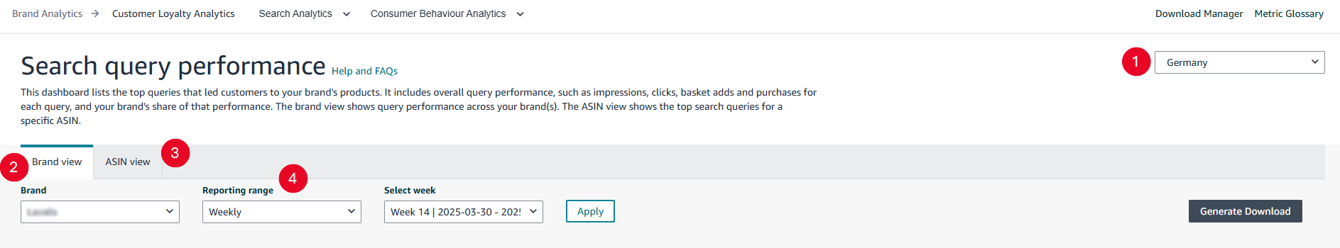 Search Query Performance Report filters and adjustment options in Seller Central