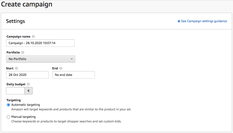 Create a new Amazon Sponsored Products campaign