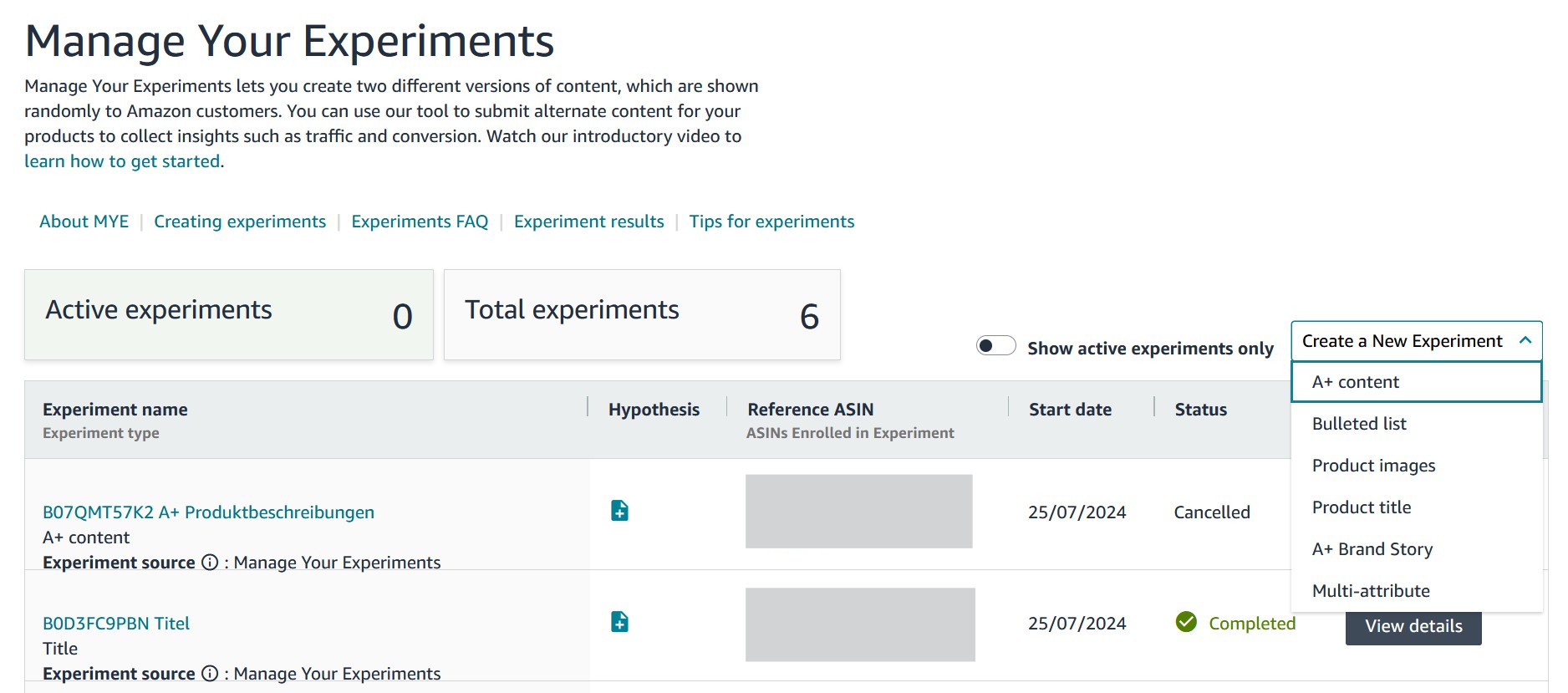 Creating an A/B experiment in Seller Central or Vendor Central